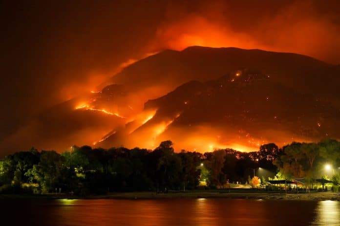 En silhuett av en stad över vattnet upplyst av en skogsbrand i bakgrunden