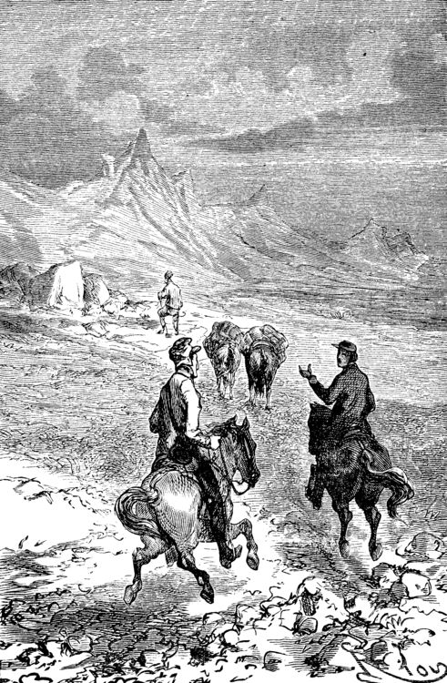 En svartvit gammal illustration av två män till häst i kuperad utomhusmiljö.