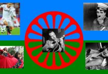 Ett collage med svartvita bilder och den romska flaggan i bakgrunden.